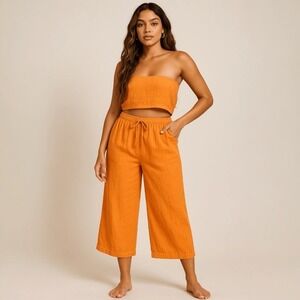 Coral Linen Pants Womens M Wide Leg Cropped Capri Drawstring Summer Studio Works